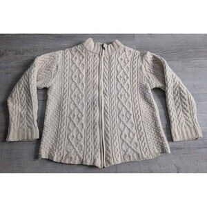 Inis Crafts Cable Knit Fisherman Sweater Full Zip Sz XL Ivory 100% Merino Wool
